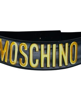 MOSCHINO BLACK / GOLD LOGO GRAPHIC PAINTED GENUINE LEATHER WIDE BELT